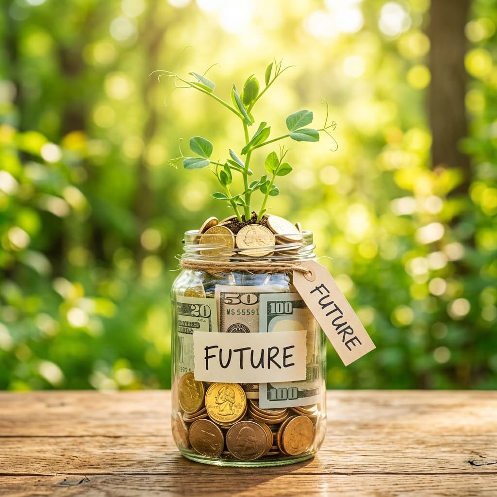 SSS Chits Savings & Growth Concept - Plant growing from future savings jar