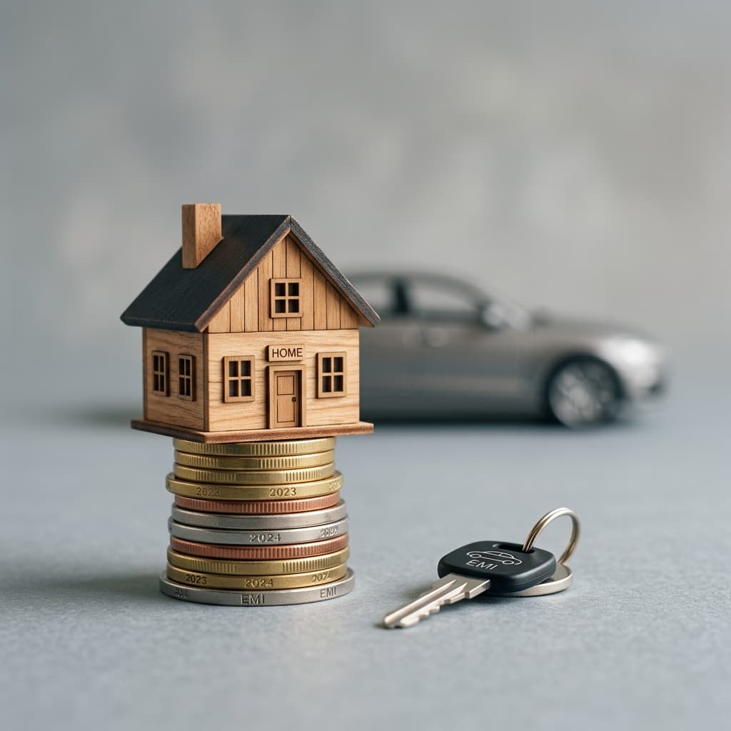 EMI Financing Concept - Model house on coins stack with car and keys